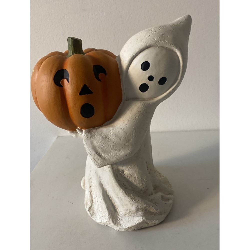 Bethany Lowe 11" Little Ghost with Jack O'Lantern Cream Ghost Orange Pumpkin